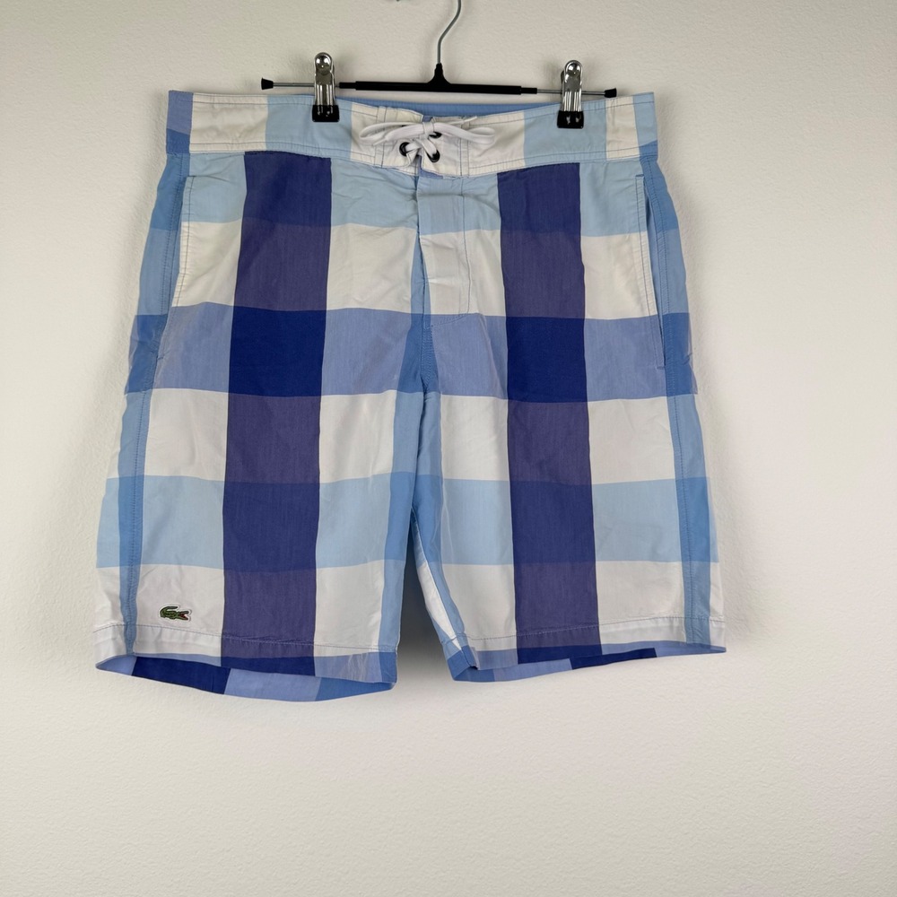 Lacoste Board Shorts Mens M Blue Check Excellent Outdoor Casual Swim Trunks